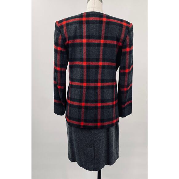 Vintage 80s 90s Wool Plaid Skirt Suit Collarless Blazer Pencil Skirt Gray Red XS - Picture 7 of 10